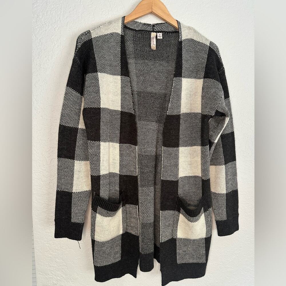 Misia Grey Check Plaid Fall Cardigan Sweater Longline Pockets Academia Fall